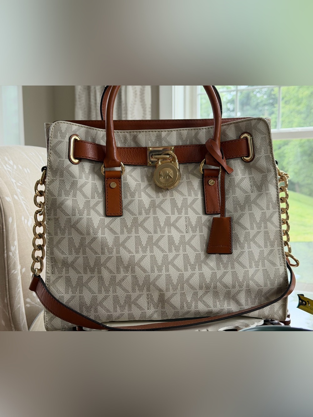 Michael Kors Beige Signature MK Logo Tote with Brown Trim